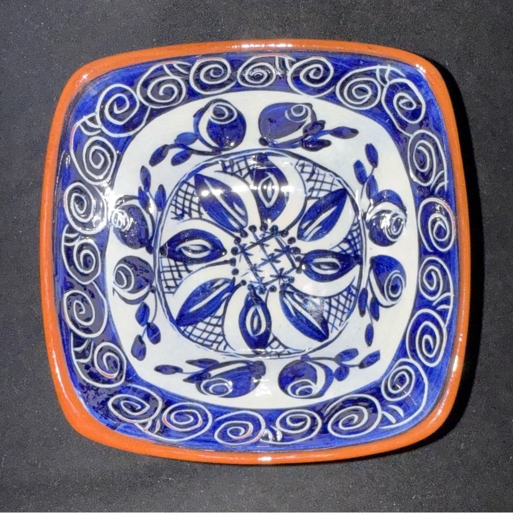 Artisan Blue and White Ceramic Dish with Vibrant Orange Edge